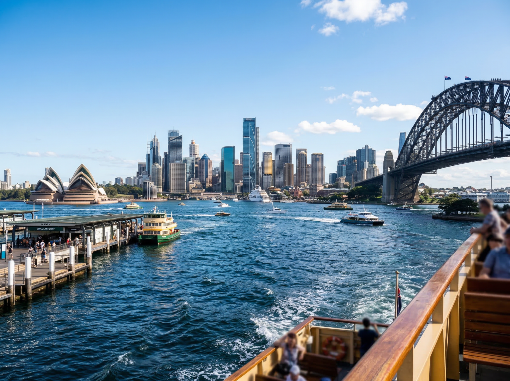 Sydney skyline from harbour boat panoramic view Circular Quay Australia
