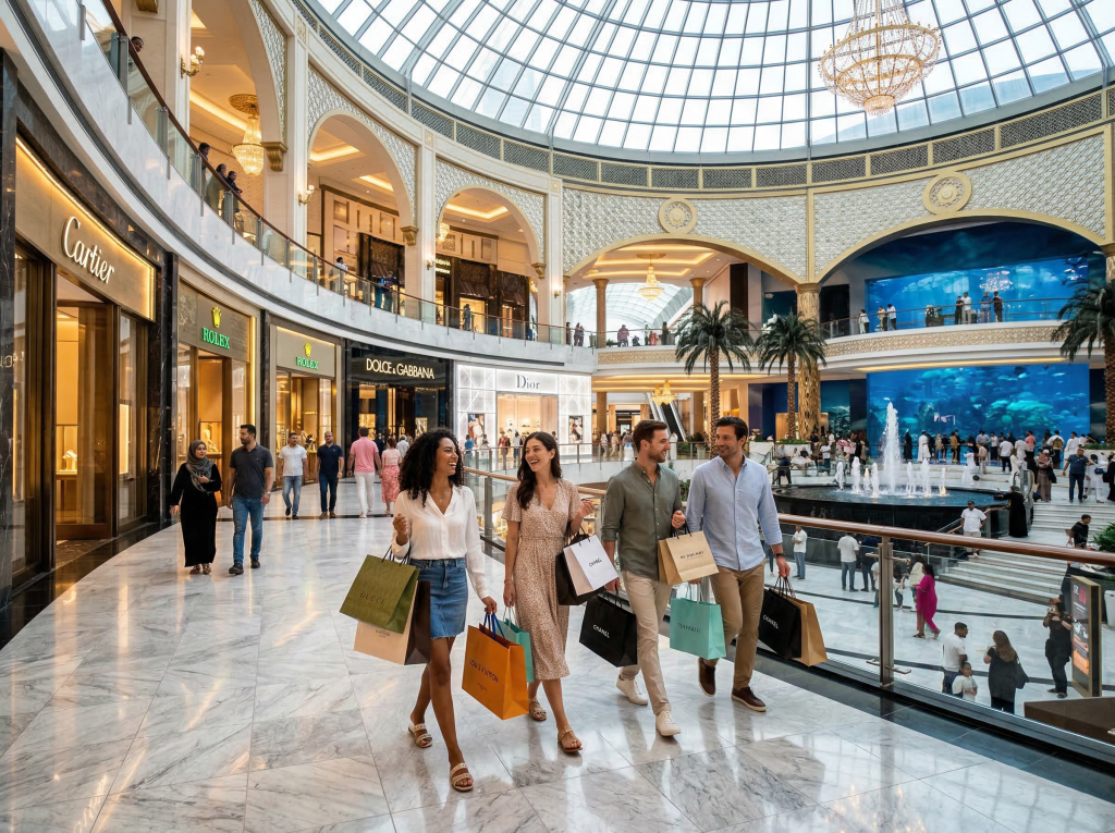 tourists shopping inside Dubai Mall luxury mall interior
