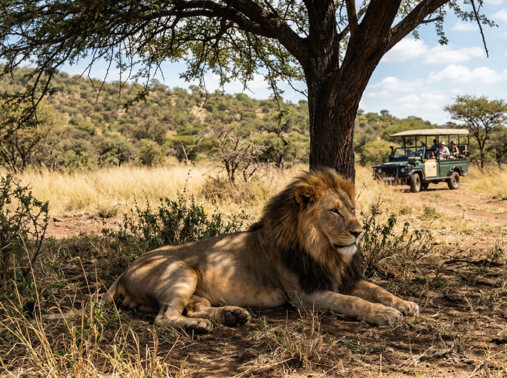 Lion resting in shade during Pilanesberg safari
