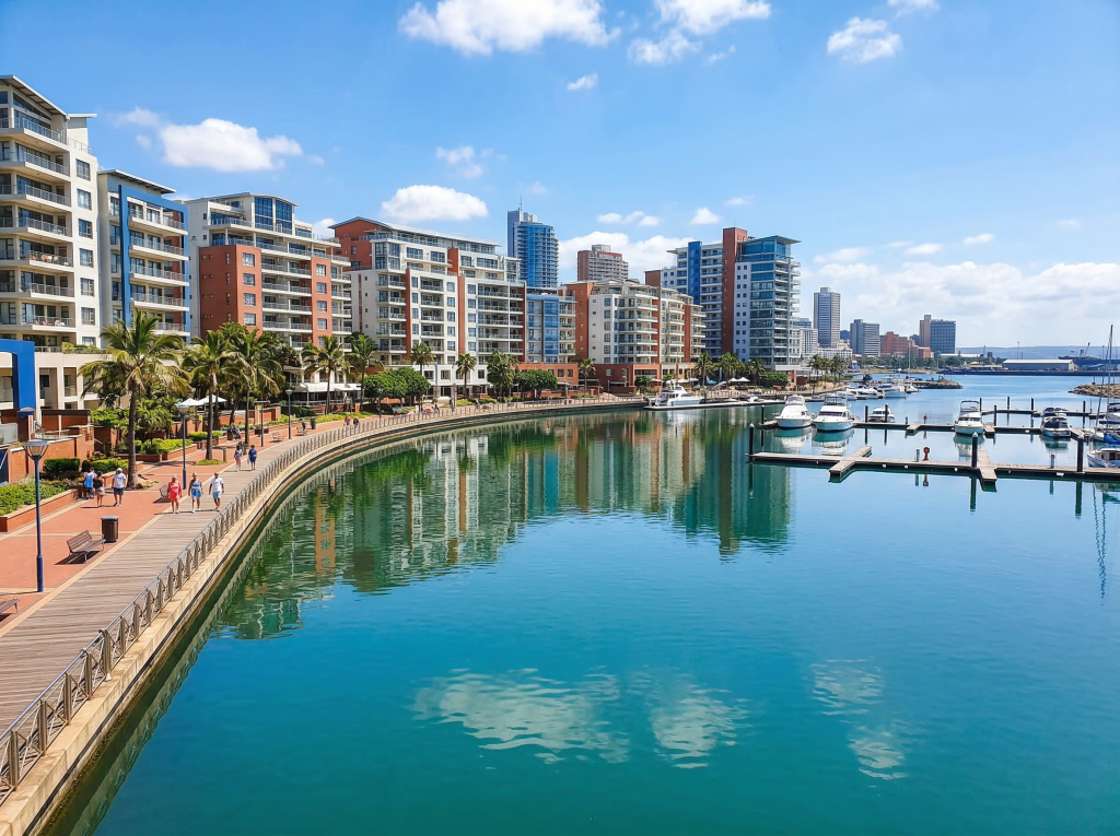 Durban Point Waterfront marina buildings reflected in canal water sunny day
