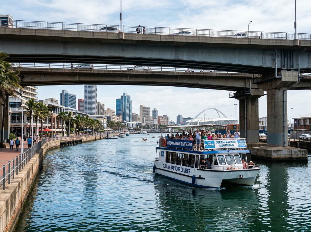 Sightseeing boat passing under bridge in Durban waterfront canal
