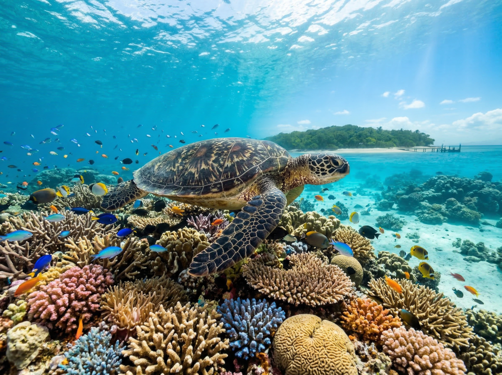 Sea turtle swimming near coral reef at Green Island
