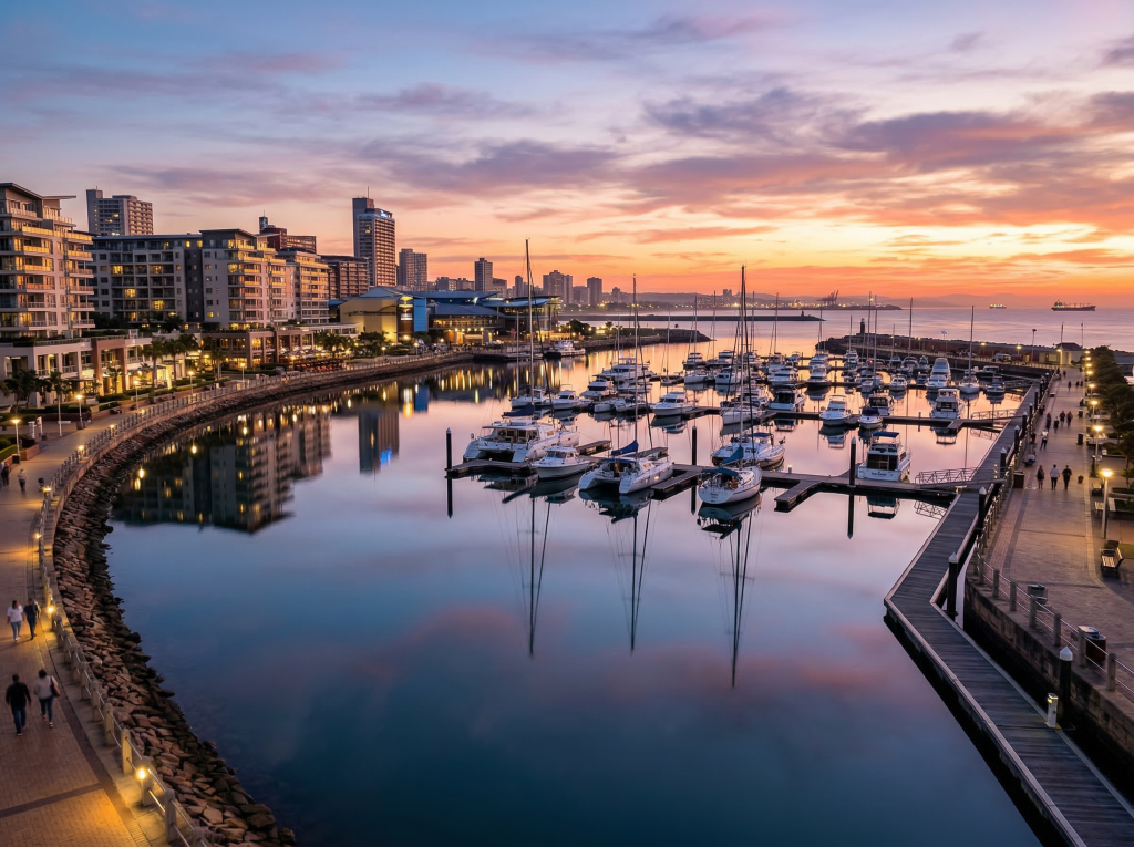 Durban Point Waterfront marina reflected in canal water
