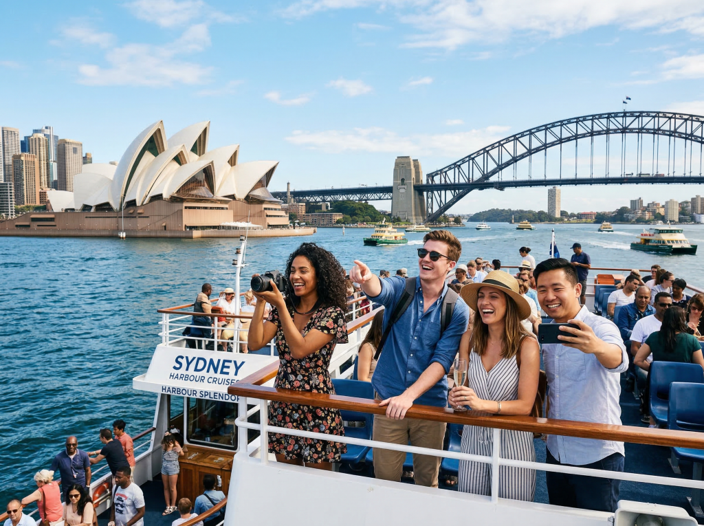 Tourists enjoying Sydney Harbour cruise views
