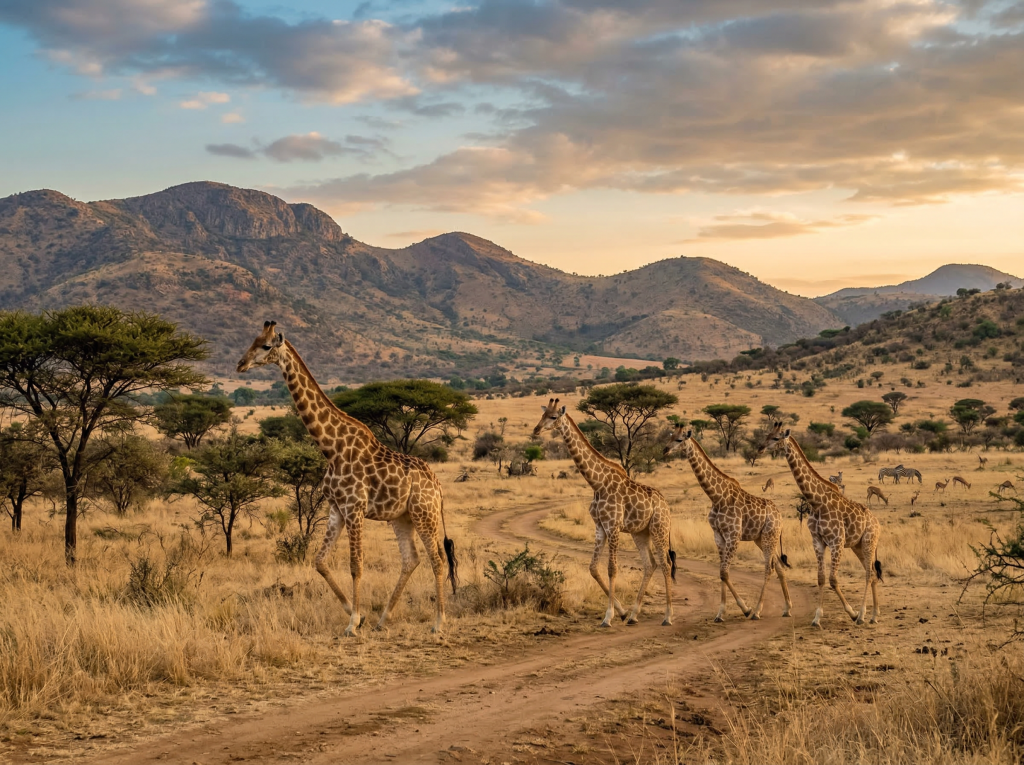 Giraffes walking across savanna in Pilanesberg National Park
