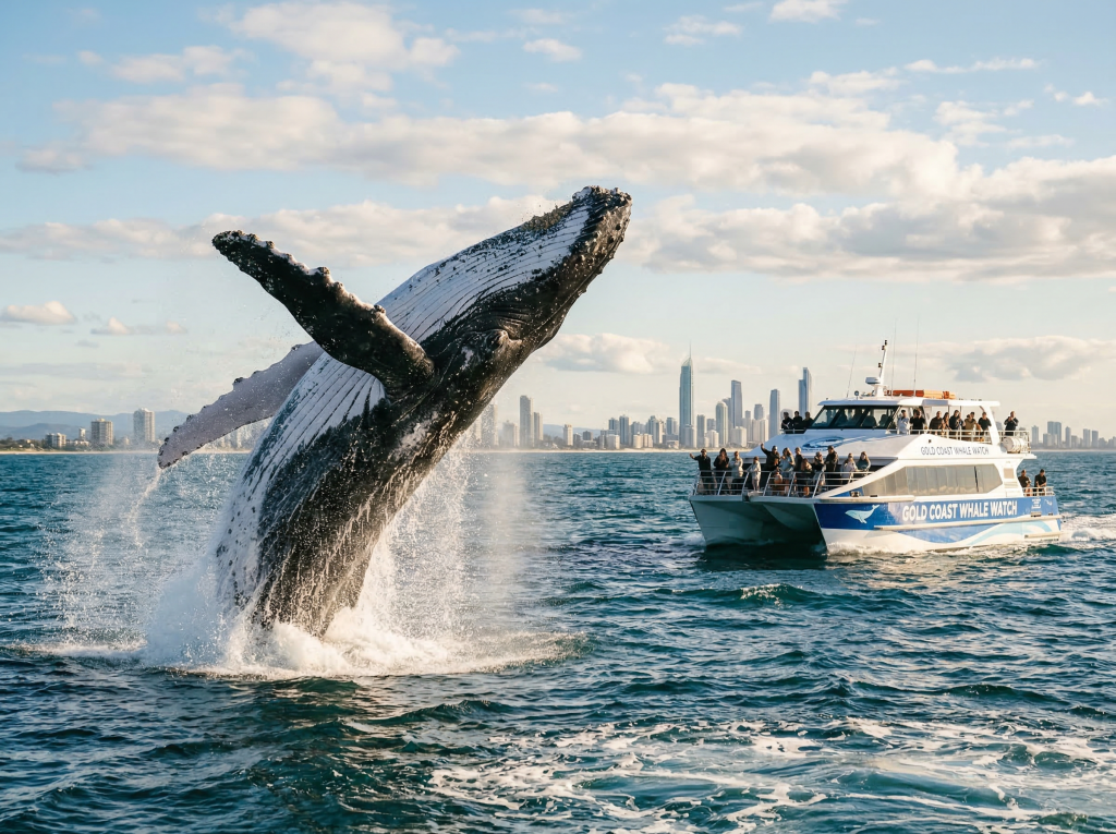 humpback whale breaching near whale watching boat Gold Coast ocean cinematic travel photography
