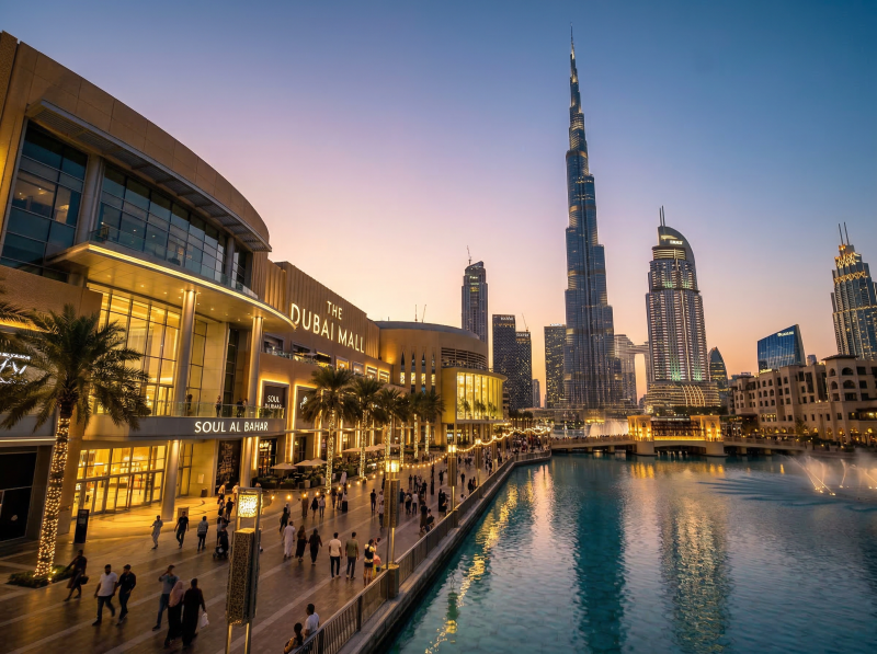 Dubai Mall exterior with Burj Khalifa skyline in Downtown Dubai