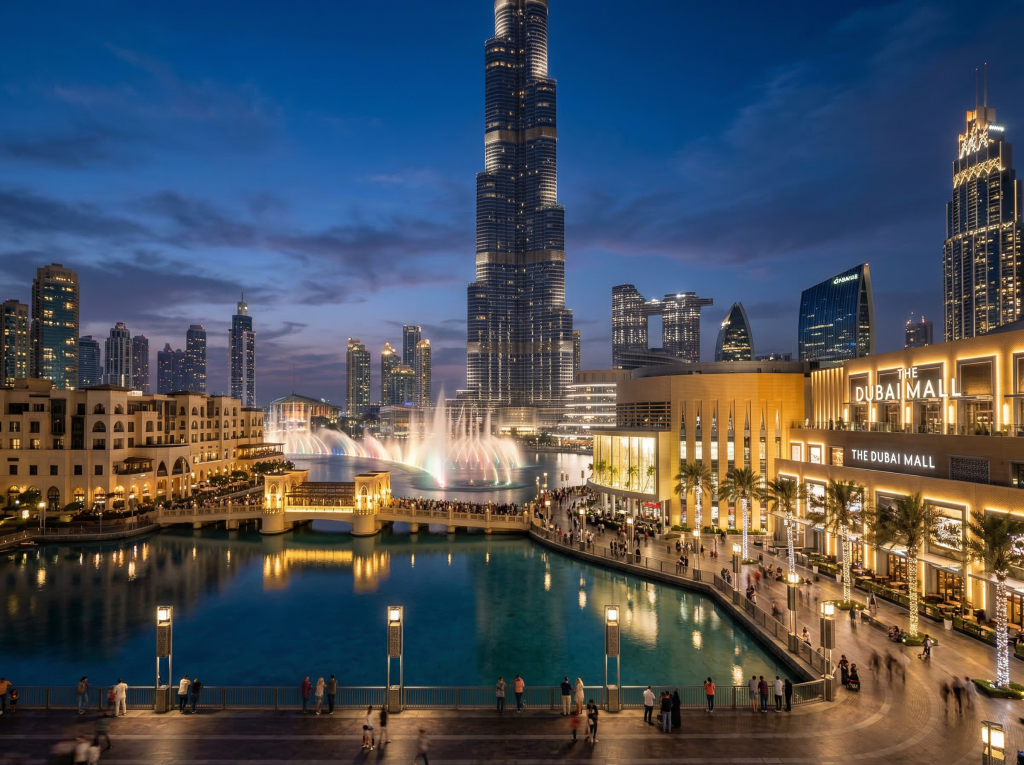Dubai Mall exterior with Burj Khalifa skyline
