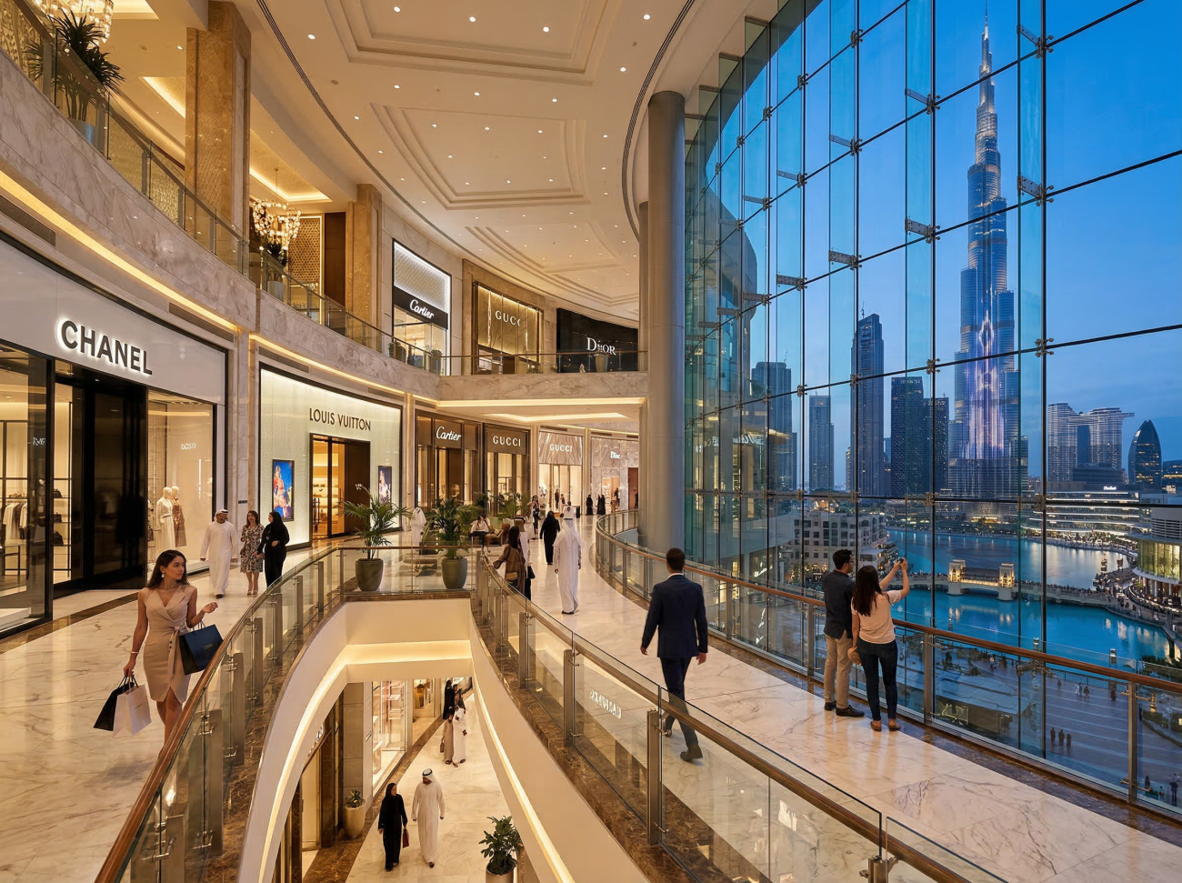 Dubai Mall luxury shopping interior with Burj Khalifa view