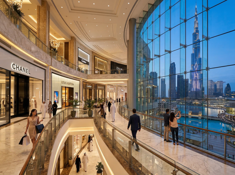Dubai Mall luxury shopping interior with Burj Khalifa view
