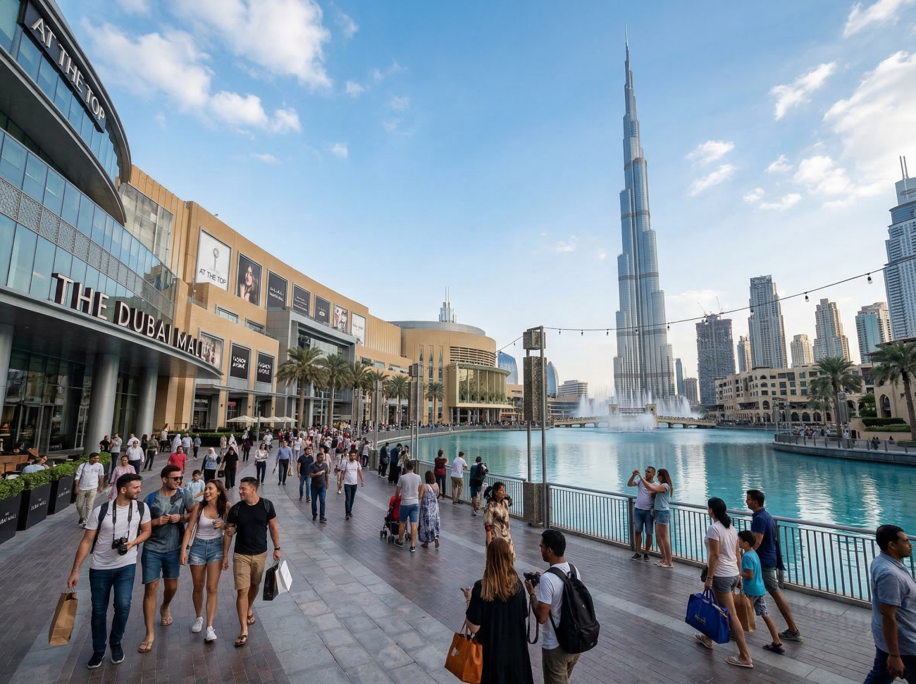 Dubai Mall with Burj Khalifa skyline and travelers walking