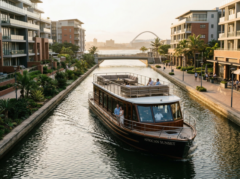 Luxury canal boat cruising through Durban Point Waterfront canals