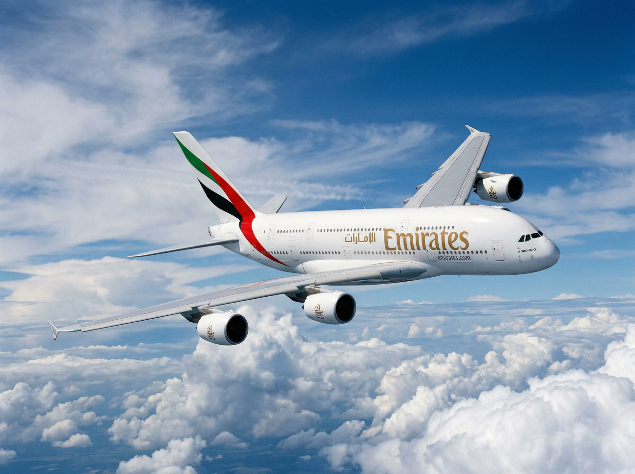 Emirates Airbus A380 aircraft operating a long-haul international flight.