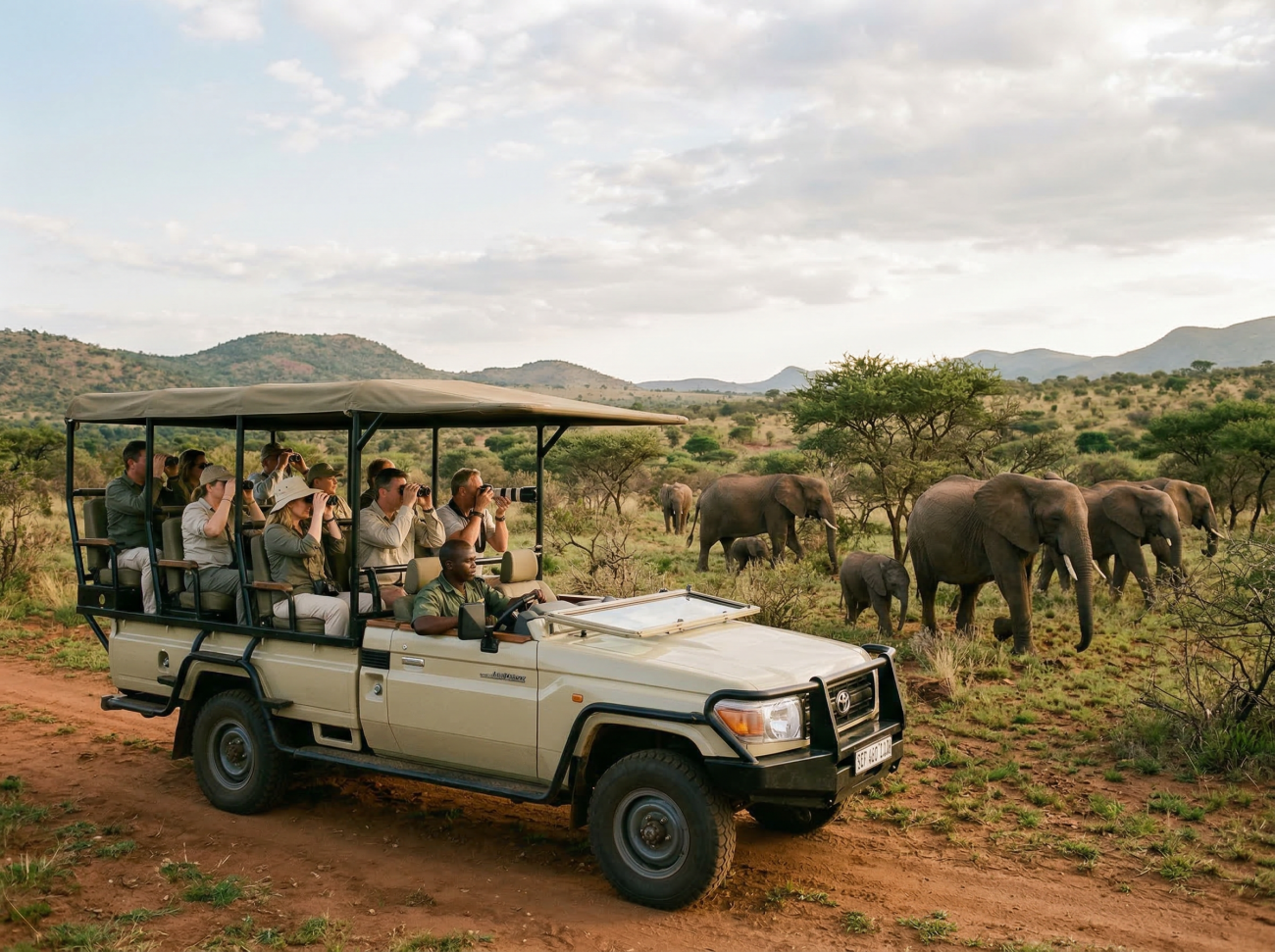Open safari vehicle observing elephants in Pilanesberg National Park