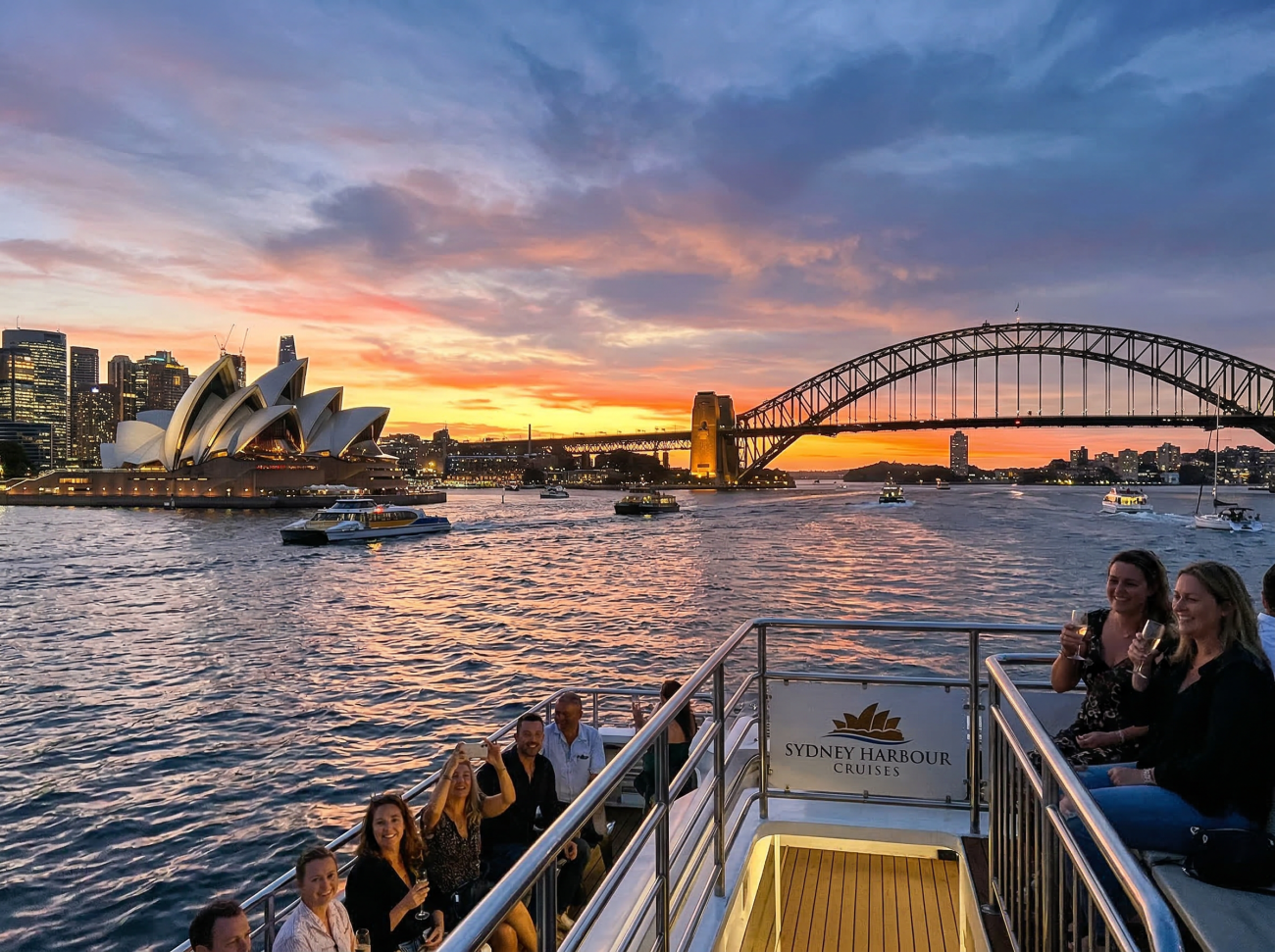 Sydney Harbour cruise with Opera House and Harbour Bridge at sunset